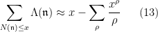 \displaystyle  \sum_{N({\mathfrak n}) \leq x} \Lambda({\mathfrak n}) \approx x - \sum_\rho \frac{x^{\rho}}{\rho} \ \ \ \ \ (13)