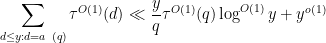 \displaystyle  \sum_{d \leq y: d = a\ (q)} \tau^{O(1)}(d) \ll \frac{y}{q} \tau^{O(1)}(q) \log^{O(1)} y + y^{o(1)} 