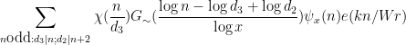 \displaystyle  \sum_{n \hbox{odd}: d_3|n; d_2|n+2} \chi( \frac{n}{d_3} ) G_\sim( \frac{\log n - \log d_3 + \log d_2}{\log x} ) \psi_x(n) e(kn/Wr)