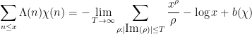 \displaystyle  \sum_{n \leq x} \Lambda(n) \chi(n) = - \lim_{T \rightarrow \infty} \sum_{\rho: |\hbox{Im}(\rho)| \leq T} \frac{x^\rho}{\rho} - \log x + b(\chi)