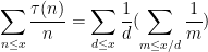 \displaystyle  \sum_{n \leq x} \frac{\tau(n)}{n} = \sum_{d \leq x} \frac{1}{d} (\sum_{m \leq x/d} \frac{1}{m})