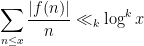 \displaystyle  \sum_{n \leq x} \frac{|f(n)|}{n} \ll_k \log^k x
