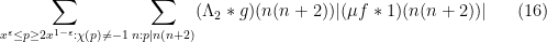 \displaystyle  \sum_{x^\varepsilon \leq p \geq 2x^{1-\varepsilon}: \chi(p) \neq -1} \sum_{n: p|n(n+2)} (\Lambda_2*g)(n (n+2)) |(\mu f * 1)(n(n+2))| \ \ \ \ \ (16)