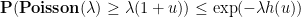 displaystyle  {bf P}( {bf Poisson}(lambda) geq lambda(1+u)) leq exp(-lambda h(u))