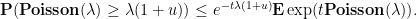 displaystyle  {bf P}( {bf Poisson}(lambda) geq lambda(1+u)) leq e^{-t lambda(1+u)} {bf E} exp( t {bf Poisson}(lambda) ).