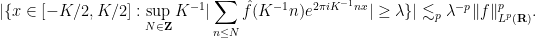 \displaystyle  | \{ x \in [-K/2,K/2]: \sup_{N \in {\bf Z}} K^{-1} |\sum_{n \leq N} \hat f(K^{-1} n) e^{2\pi i K^{-1} n x}| \geq \lambda \} | \lesssim_p \lambda^{-p} \|f\|_{L^p({\bf R})}^p.