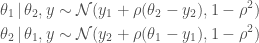 \displaystyle   \begin{aligned}  \theta_1 \,\vert\, \theta_2, y &\sim {\cal{N}}(y_1 + \rho(\theta_2 - y_2), 1 - \rho^2) \\  \theta_2 \,\vert\, \theta_1, y &\sim {\cal{N}}(y_2 + \rho(\theta_1 - y_1), 1 - \rho^2)  \end{aligned}  