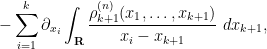 \displaystyle  - \sum_{i=1}^k \partial_{x_i} \int_{\bf R} \frac{\rho^{(n)}_{k+1}(x_1,\ldots,x_{k+1})}{x_i-x_{k+1}}\ dx_{k+1},