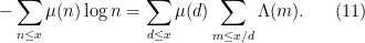 \displaystyle  - \sum_{n \leq x} \mu(n) \log n = \sum_{d \leq x} \mu(d) \sum_{m \leq x/d} \Lambda(m). \ \ \ \ \ (11)