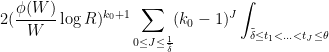 \displaystyle  2 (\frac{\phi(W)}{W} \log R)^{k_0+1} \sum_{0 \leq J \leq \frac{1}{\tilde \delta}} (k_0-1)^J \int_{\tilde \delta \leq t_1 < \ldots < t_J \leq \theta} 