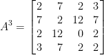 \displaystyle  A^3=\left[\!\!\begin{array}{crrc}  2&7&2&3\\  7&2&12&7\\  2&12&0&2\\  3&7&2&2  \end{array}\!\!\right]