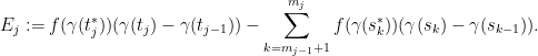 \displaystyle  E_j := f(\gamma(t^*_j)) (\gamma(t_j) - \gamma(t_{j-1})) - \sum_{k=m_{j-1}+1}^{m_j} f(\gamma(s^*_k)) (\gamma(s_k) - \gamma(s_{k-1})).