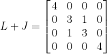 \displaystyle  L+J=\left[\!\!\begin{array}{rrrr}  4&0&0&0\\  0&3&1&0\\  0&1&3&0\\  0&0&0&4  \end{array}\!\!\right]