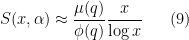 \displaystyle  S(x,\alpha) \approx \frac{\mu(q)}{\phi(q)} \frac{x}{\log x} \ \ \ \ \ (9)