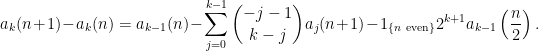 \displaystyle  a_k(n+1)-a_k(n)=a_{k-1}(n)-\sum_{j=0}^{k-1}\binom{-j-1}{k-j}a_j(n+1)-1_{\{n{\rm\ even}\}}2^{k+1}a_{k-1}\left(\frac{n}{2}\right). 