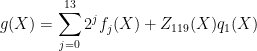 \displaystyle  g(X)=\sum_{j=0}^{13}2^jf_j(X)+Z_{119}(X)q_1(X) 