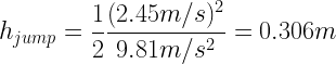 \displaystyle  h_{jump} = \frac{1}{2} \frac{(2.45m/s)^2}{9.81 m/s^2} = 0.306m   