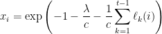 \displaystyle  x_i = {\rm exp} \left( -1 - \frac \lambda c - \frac 1c \sum_{k=1}^{t-1} \ell_k(i) \right) 
