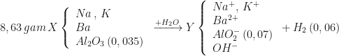 displaystyle 8,63,gam,Xleft{ begin{array}{l}Na,,,K\Ba\A{{l}_{2}}{{O}_{3}},(0,035)end{array} right.xrightarrow{+{{H}_{2}}O}Yleft{ begin{array}{l}N{{a}^{+}},,{{K}^{+}}\B{{a}^{2+}}\AlO_{2}^{-},(0,07)\O{{H}^{-}}end{array} right.+{{H}_{2}},(0,06)