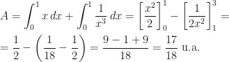 \displaystyle A=\int_0^1 x\, dx+\int_0^1 \frac 1{x^3}\, dx=\left [\frac{x^2}2\right ]_0^1-\left [\frac 1{2x^2}\right ]_1^3=\\\\=\frac 12-\left (\frac 1{18}-\frac 12\right )=\frac{9-1+9}{18}=\frac{17}{18}\mbox{ u.a.}