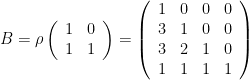 \displaystyle B = \rho\left(\begin{array}{cc} 1 & 0 \\ 1 & 1 \end{array}\right) = \left(\begin{array}{cccc} 1 & 0 & 0 & 0 \\ 3 & 1 & 0 & 0 \\ 3 & 2 & 1 & 0 \\ 1 & 1 & 1 & 1\end{array}\right)
