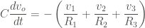 \displaystyle C \frac{dv_o}{dt} = - \left(\frac{v_1}{R_1} + \frac{v_2}{R_2} + \frac{v_3}{R_3} \right)