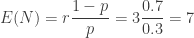 \displaystyle E(N)=r \frac{1-p}{p}=3 \frac{0.7}{0.3}=7