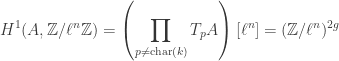 \displaystyle H^1(A,\mathbb{Z}/\ell^n\mathbb{Z})=\left(\prod_{p\ne\mathrm{char}(k)}T_p A\right)[\ell^n]=(\mathbb{Z}/\ell^n)^{2g}