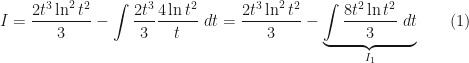 \displaystyle I=\dfrac{2t^3\ln^2t^2}3-\int\dfrac{2t^3}3\dfrac{4\ln t^2}t~dt=\dfrac{2t^3\ln^2t^2}3-\underbrace{\int\dfrac{8t^2\ln t^2}3~dt}_{I_1}\qquad(1)
