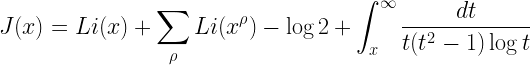 \displaystyle J(x) = Li(x) + \sum_{\rho} Li(x^\rho) - \log 2 + \int_{x}^\infty \frac{dt}{t(t^2 - 1)\log t} 