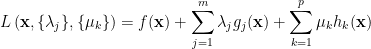 \displaystyle L\left(\mathbf{x},\{\lambda_j\},\{\mu_k\}\right)=f(\mathbf{x})+\sum_{j=1}^m\lambda_jg_j(\mathbf{x})+\sum_{k=1}^p\mu_kh_k(\mathbf{x})