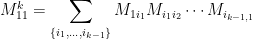 \displaystyle M^k_{11}=\sum_{\{i_1,\ldots,i_{k-1}\}} M_{1i_1}M_{i_1i_2}\cdots M_{i_{k-1,1}}