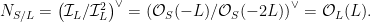 \displaystyle N_{S/L} = \left(\mathcal{I}_L/\mathcal{I}_L^2\right)^{\vee} = \left(\mathcal{O}_S(-L)/\mathcal{O}_S(-2L)\right)^{\vee} = \mathcal{O}_L(L). 