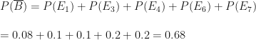 \displaystyle P( \overline{B} ) = P(E_1) + P ( E_3) + P(E_4) + P(E_6) + P(E_7) \\ \\ = 0.08+0.1+0.1+0.2+0.2=0.68 
