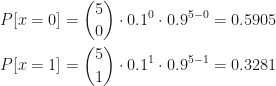 \displaystyle P[x=0]={5\choose0}\cdot0.1^0\cdot0.9^{5-0}=0.5905\\\\P[x=1]={5\choose1}\cdot0.1^1\cdot0.9^{5-1}=0.3281