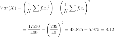 \displaystyle Var(X) = \Bigg(  \frac{1}{N}  \sum f_i {x_i}^2 \Bigg) -  \Bigg(  \frac{1}{N} \sum f_ix_i  \Bigg)^2  \\ \\ \\ { \hspace{2.0cm} = \frac{17530}{409} -  \Bigg( \frac{239}{40} \Bigg)^2 = 43.825 -  5.975 = 8.12 }  