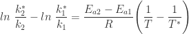 \displaystyle ln \ \frac{k_{2}^{*}}{k_{2}} - ln \ \frac{k_{1}^{*}}{k_{1}} = \frac{E_{a2} - E_{a1}}{R} \Bigg (\frac{1}{T} - \frac{1}{T^{*}} \Bigg )  