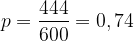 \displaystyle p=\frac{444}{600}=0,74