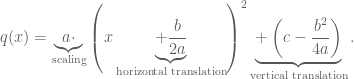 \displaystyle q(x)=\underbrace{a\cdot}_{\text{scaling}}\left(x\underbrace{+\frac{b}{2a}}_{\text{horizontal translation}}\right)^2\underbrace{+\left(c-\frac{b^2}{4a}\right)}_{\text{vertical translation}}.