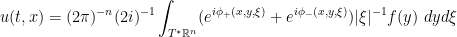 \displaystyle u(t, x) = (2\pi)^{-n} (2i)^{-1} \int_{T^* \mathbb R^n} (e^{i\phi_+(x, y, \xi)} + e^{i\phi_-(x, y, \xi)}) |\xi|^{-1} f(y) ~dyd\xi