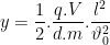 \displaystyle y=\frac{1}{2}.\frac{q.V}{d.m}.\frac{{{l}^{2}}}{\vartheta _{0}^{2}}