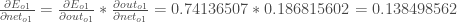 \frac{\partial E_{o1}}{\partial net_{o1}} = \frac{\partial E_{o1}}{\partial out_{o1}} * \frac{\partial out_{o1}}{\partial net_{o1}} = 0.74136507 * 0.186815602 = 0.138498562