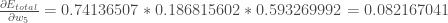 \frac{\partial E_{total}}{\partial w_{5}} = 0.74136507 * 0.186815602 * 0.593269992 = 0.082167041