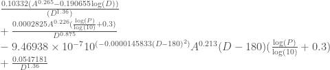 \frac{0.10332 (A^{0.265} - 0.190655 \log(D))}{(D^{1.36})}\\ +  \frac{0.0002825 A^{0.226}( \frac{\log(P)}{\log(10)} + 0.3)}{D^{0.875}}\\ -  9.46938\times10^{-7}10^{(-0.0000145833 (D - 180)^2)} A^{0.213} (D - 180) (\frac{ \log(P)}{\log(10)} + 0.3) \\ +  \frac{0.0547181}{D^{1.36}}