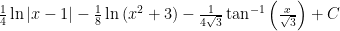 \frac{1}{4}\ln|x-1| - \frac{1}{8}\ln\left(x^{2}+3\right) - \frac{1}{4\sqrt{3}}\tan^{-1}\left(\frac{x}{\sqrt{3}}\right) + C