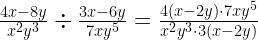 \frac{4x-8y}{x^{2}y^{3}}\div\frac{3x-6y}{7xy^{5}}=\frac{4\left(x-2y\right)\cdot7xy^{5}}{x^{2}y^{3}\cdot3\left(x-2y\right)}