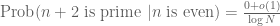 \hbox{Prob}( n+2 \hbox{ is prime } | n \hbox{ is even}) = \frac{0+o(1)}{\log N}