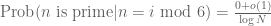 \hbox{Prob}(n \hbox{ is prime}| n = i \hbox{ mod } 6 ) = \frac{0+o(1)}{\log N}