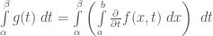 \int\limits_{\alpha}^{\beta} g(t)\;dt = \int\limits_{\alpha}^{\beta}\left(\int\limits_{a}^{b} \frac{\partial}{\partial t}f(x, t)\;dx\right)\;dt