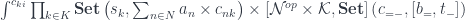 \int^{c_{k i}} \prod_{k \in K} \mathbf{Set} \left(s_k,  \sum_{n \in N} a_n \times c_{n k} \right) \times [\mathcal{N}^{op} \times \mathcal{K}, \mathbf{Set}]\left(c_{= -}, [b_=, t_- ]\right) 